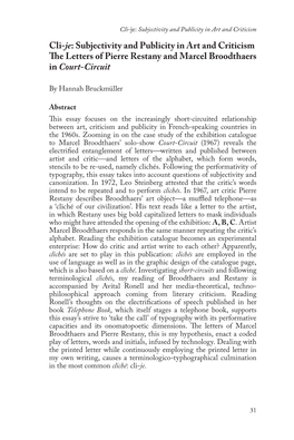 Cli-Je: Subjectivity and Publicity in Art and Criticism the Letters of Pierre Restany and Marcel Broodthaers in Court-Circuit