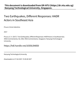 Two Earthquakes, Different Responses: HADR Actors in Southeast Asia