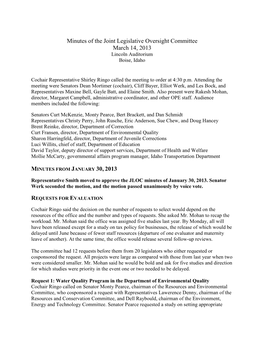 Minutes of the Joint Legislative Oversight Committee March 14, 2013 Lincoln Auditorium Boise, Idaho