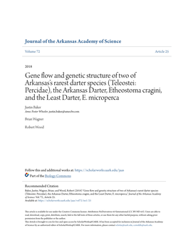 Gene Flow and Genetic Structure of Two of Arkansas’S Rarest Darter Species (Teleostei: Percidae), the Arkansas Darter, Etheostoma Cragini, and the Least Darter, E