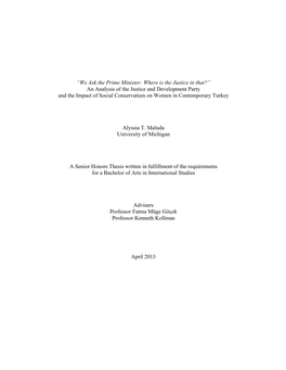 An Analysis of the Justice and Development Party and the Impact of Social Conservatism on Women in Contemporary Turkey