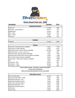 2020 Price List .Xlsx