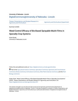 Weed Control Efficacy of Bio-Based Sprayable Mulch Films in Specialty Crop Systems