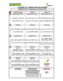 LATROBE CITY TRARALGON CHALLENGER ORDER of PLAY - Wednesday, 23 October 2019