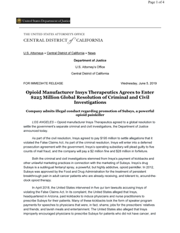 190605 Opioid Manufacturer Insys Therapeutics.Pdf