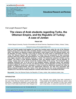 The Views of Arab Students Regarding Turks, the Ottoman Empire, and the Republic of Turkey: a Case of Jordan
