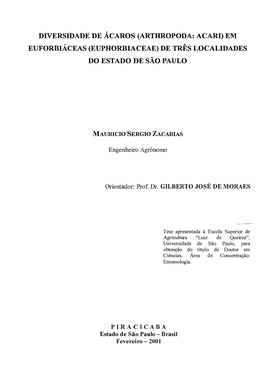 Diversidade De Ácaros (Arthropoda: Acari) Em Euforbiáceas (Euphorbiaceae)De Três Localidades Do Estado De São Paulo