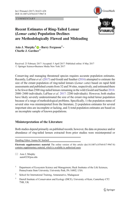 Recent Estimates of Ring-Tailed Lemur (Lemur Catta) Population Declines Are Methodologically Flawed and Misleading