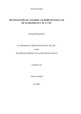 Die Oneirokritika Des Artemidor Von Daldis Als Fenster Auf Die Gesellschaft Im 2