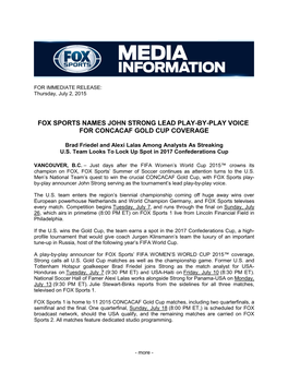Fox Sports Names John Strong Lead Play-By-Play Voice for Concacaf Gold Cup Coverage