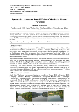 Systematic Accounts on Percoid Fishes of Manimala River of Travancore