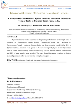 A Study on the Occurrence of Species Diversity Pediastrum in Selected Temple Tanks in Chennai, Tamil Nadu, India