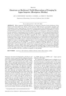 Omnivore Or Herbivore? Field Observations of Foraging by Lygus Hesperus (Hemiptera: Miridae)