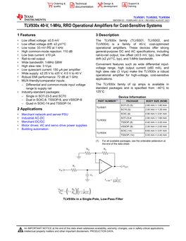 Tlv930x 40-V, 1-Mhz, RRO Operational Amplifiers for Cost-Sensitive Systems