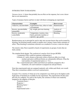 INTRODUCTION to BLOCKING Nuisance Factor
