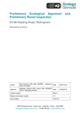 Preliminary Ecological Appraisal and Preliminary Roost Inspection 54-58 Reading Road, Wokingham