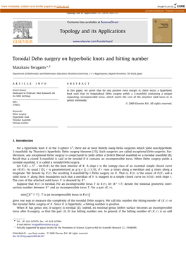 Toroidal Dehn Surgery on Hyperbolic Knots and Hitting Number ∗ Masakazu Teragaito ,1