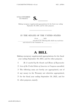 A BILL Making Emergency Supplemental Appropriations for the Fiscal Year Ending September 30, 2021, and for Other Purposes