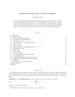 MILNOR's CONSTRUCTION of EXOTIC 7-SPHERES Contents 1. Motivation 1 2. Hopf Fibrations 2 2.1. the Complex Hopf Fibration 2 2.2
