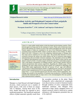 Antioxidant Activity and Polyphenol Contents of Paris Polyphylla Smith and Prospects of in Situ Conservation