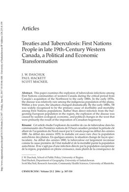 Articles Treaties and Tuberculosis: First Nations People in Late 19Th