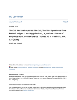 The Call, the 1991 Open Letter from Federal Judge A. Leon Higginbotham, Jr., and the 25 Years of Response from Justice Clarence Thomas, 49 J