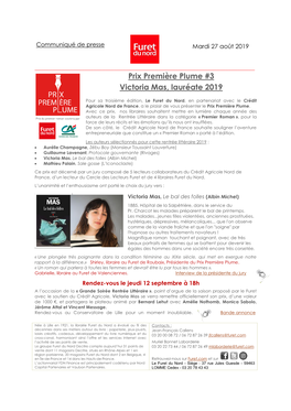 Prix Première Plume #3 Victoria Mas, Lauréate 2019