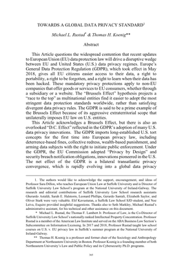 TOWARDS a GLOBAL DATA PRIVACY STANDARD1 Michael L. Rustad* & Thomas H. Koenig** Abstract This Article Questions the Widespre