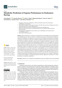 Metabolic Predictors of Equine Performance in Endurance Racing