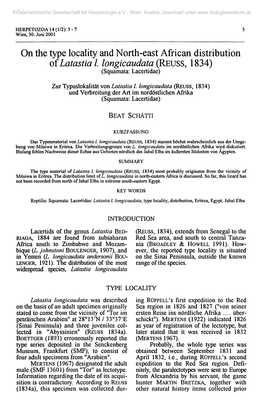 On the Type Locality and North-East African Distribution of Latastia I Longicaudata (REUSS, 1834) (Squamata: Lacertidae)