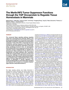 The Merlin/NF2 Tumor Suppressor Functions Through the YAP Oncoprotein to Regulate Tissue Homeostasis in Mammals