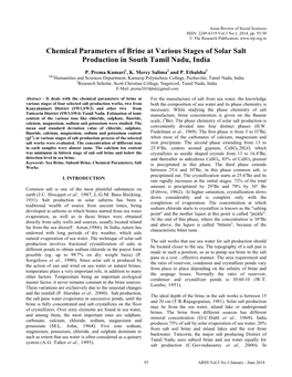 Chemical Parameters of Brine at Various Stages of Solar Salt Production in South Tamil Nadu, India