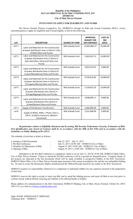 Republic of the Philippines DAVAO ORIENTAL ELECTRIC COOPERATIVE, INC (DORECO) City of Mati, Davao Oriental