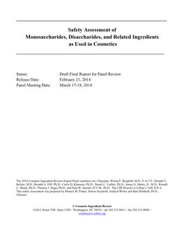 Safety Assessment of Monosaccharides, Disaccharides, and Related Ingredients As Used in Cosmetics