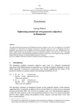 Sightseeing Around Our Own Possessive Adjectives in Hungarian Argumentum 10 (2014), 645-658 Debreceni Egyetemi Kiadó