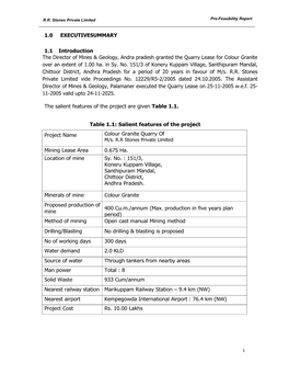 1.0 EXECUTIVESUMMARY 1.1 Introduction the Director of Mines & Geology, Andra Pradesh Granted the Quarry Lease for Colour