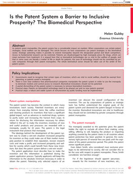 Is the Patent System a Barrier to Inclusive Prosperity? the Biomedical Perspective