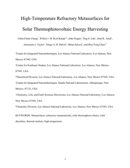 High-Temperature Refractory Metasurfaces for Solar