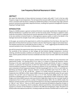 Low Frequency Electrical Resonance in Water