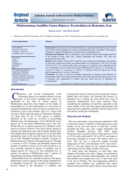 Phlebotominae Sandflies Fauna (Diptera: Psychodidae) in Hamadan, Iran