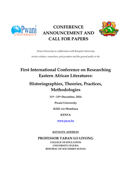 CONFERENCE ANNOUNCEMENT and CALL for PAPERS First International Conference on Researching Eastern African Literatures: Historio