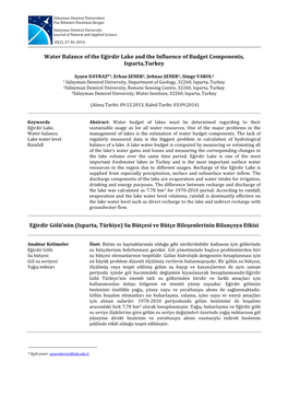 Water Balance of the Eğirdir Lake and the Influence of Budget Components, Isparta,Turkey