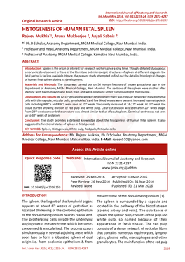 HISTOGENESIS of HUMAN FETAL SPLEEN Rajeev Mukhia*1, Aruna Mukherjee 2, Anjali Sabnis 3