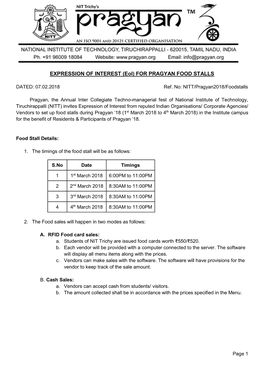 EXPRESSION of INTEREST (Eoi) for PRAGYAN FOOD STALLS