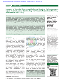 Incidence of Neonatal Hyperphenylalaninemia Based on High‑Performance Liquid Chromatography Confirmatory Technique in Mazandaran Province, Northern Iran (2007–2015)