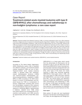 Case Report Treatment-Related Acute Myeloid Leukemia with Type D CBFB-MYH11 After Chemotherapy and Radiotherapy in Non-Hodgkin Lymphoma: a Rare Case Report