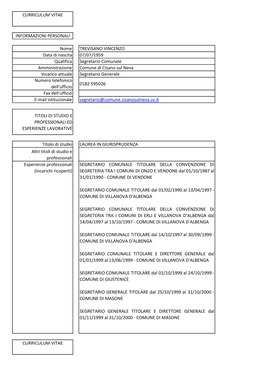 CURRICULUM VITAE INFORMAZIONI PERSONALI Nome TREVISANO VINCENZO Data Di Nascita 07/07/1959 Qualifica Segretario Comunale Amminis