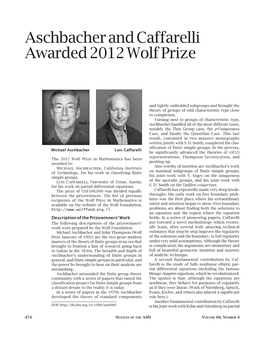 Aschbacher and Caffarelli Awarded 2012 Wolf Prize