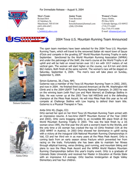 2004 Teva U.S. Mountain Running Team Announced