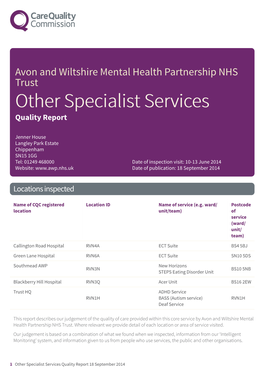 Avon and Wiltshire Mental Health Partnership NHS Trust Other Specialist Services Quality Report